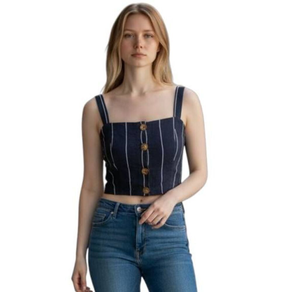 COTTON ON DENIM BLUE & WHITE STRIPE BUTTON FRONT CROP TOP SZ.S EUC.